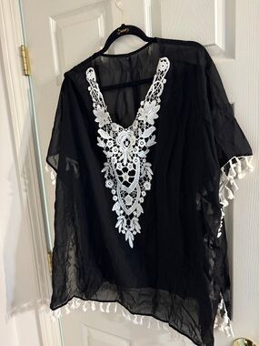 Black Sheer Tunic Cover-Up with White Lace Applique